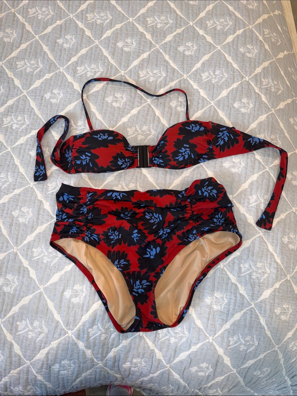 J. Crew Red and Black Floral 2 Piece with Blue Accents